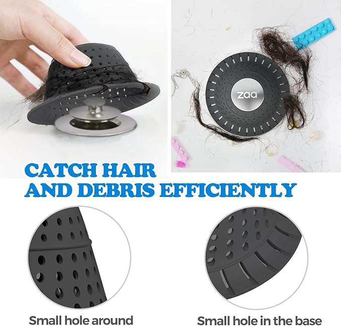 zaa Bathtub Drain Hair Catcher, Silicone Collapsible 1 Pack Drain Protector for Pop-Up and Regular Drains of Shower,Tub, Bathroom, Sink, Charcoal Black