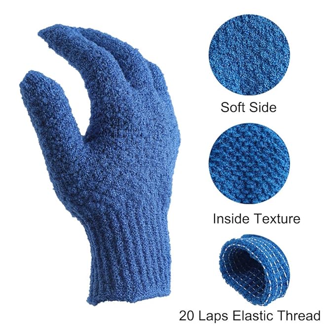 Bath Exfoliating Gloves Scrub - 4 pcs (2 Pair) Lengthened and Large Exfoliating Scrubbing Gloves for Shower, Spa, Massage - Scrub Exfoliating Mitts for Body, Face, Hand and Foot（Blue and Pink）
