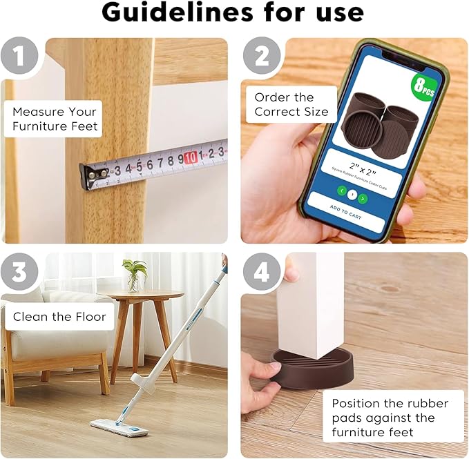 Rubber Non-Slip Furniture Pads Furniture Casters Cup Floor Protector for Bed Sofa Table and Chair Stopper (Pack of 8, 2 * 2 inches,Round, Brown)