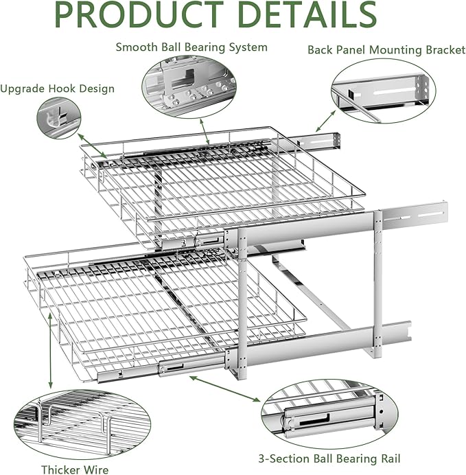 2 Tier Individual Pull Out Cabinet Organizer 25½" W x 21½" D, Heavy Duty Cabinet Pull Out Shelves, Slide Out Drawers Organization for Kitchen Cabinets Bathroom