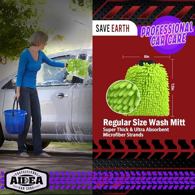 AIDEA Car Wash Mitt Microfiber, 2PK-Scratch-Free& Lint-Free, Premium Chenille Microfiber Wash Mitt-Green Extra Large Size (8''X12'')