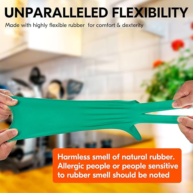Vgo... 1-Pair Reusable Household Gloves, Rubber Dishwashing gloves, Extra Thickness, Long Sleeves, Kitchen Cleaning, Working, Painting, Gardening, Pet Care (Size L, Green, HH4601)
