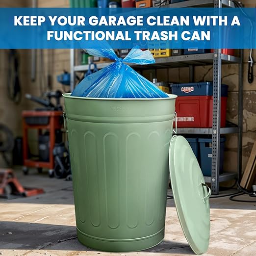 Plexon Round Trash Can 13 Gallon, Vintage Metal Outdoor Trash Can with Lid, Retro Farmhouse Garbage Container, Old School Modern Ash Bucket, Green 6 Pack