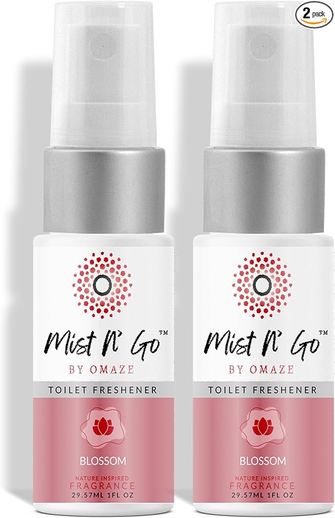Mist N’ Go by Omaze Travel Bathroom Spray for Toilet Spray Odor Eliminator - Travel Toilet Spray for Bathroom Air Freshener Spray for Bathroom Deodorizer - Blossom Travel Size (1oz x2)