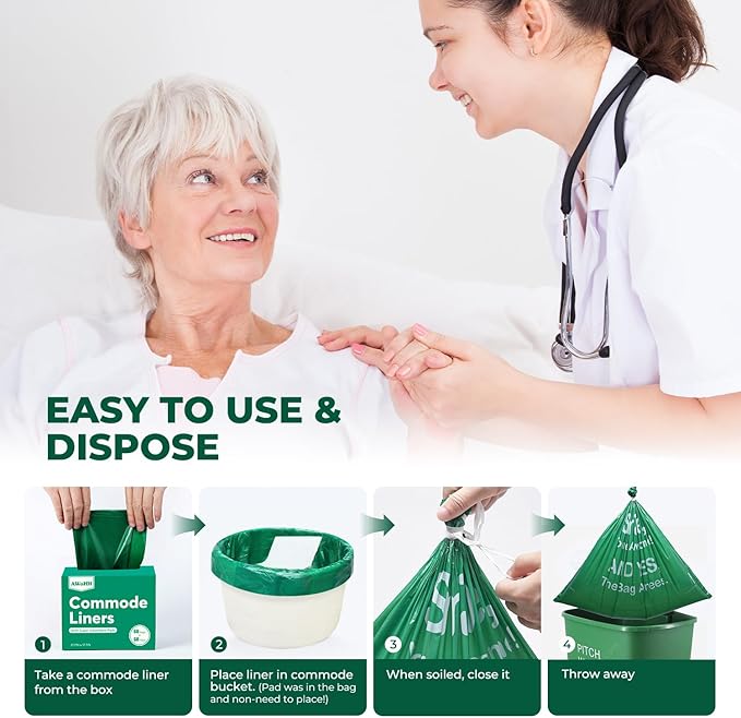 Commode Liners with Absorbent Pads, 60Pack Tear-Free Leak-Proof Bedside Commode Liners, Universal Disposable Commode/Bed Pan Liners for Bedside Commode, Standard Toilet, Chair Bucket(60Bags+60Pads)