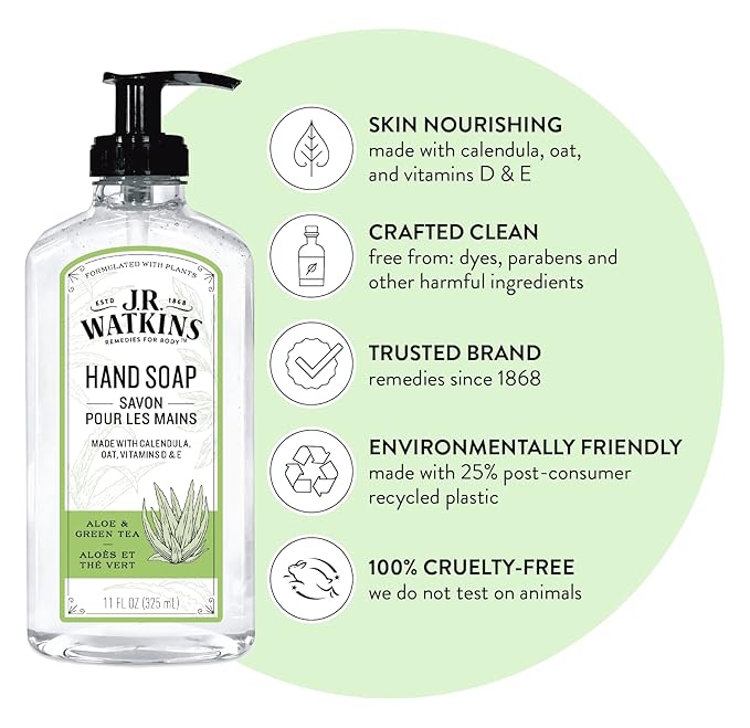 J.R. Watkins Gel Hand Soap, Scented Liquid Hand Wash for Bathroom or?Kitchen, USA Made and Cruelty Free, 11 fl oz, Aloe & Green Tea