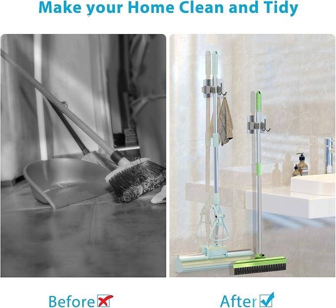 Mop Broom Holder No Drill, Mop Broom Organizer Wall Mounted Heavy Duty with Hooks Hanger, Self Adhesive Stainless Steel 6Pcs for Bathroom, Kitchen, Office (Silver)