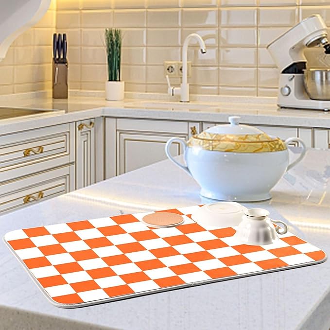 Burnt Orange Chessboard Dish Drying Mat for Kitchen Countertop 18x24 Plaid Checkered Rectangle Large Drying Mat Reusable Quick Dry Dish Sink Absorbent Mats Easy Clean Decorative Home Essentials