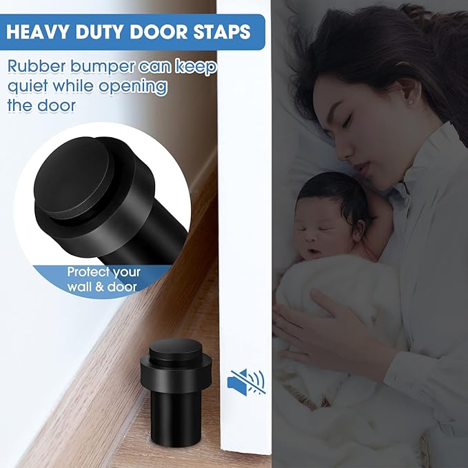 Chumia 10 Pcs Door Stopper Mounted Floor Stops Stainless Steel Cylindrical Stopper Modern Decorative Rubber Bumper Stops Holder Wall Protector for Bottom or Top of Door (Black)