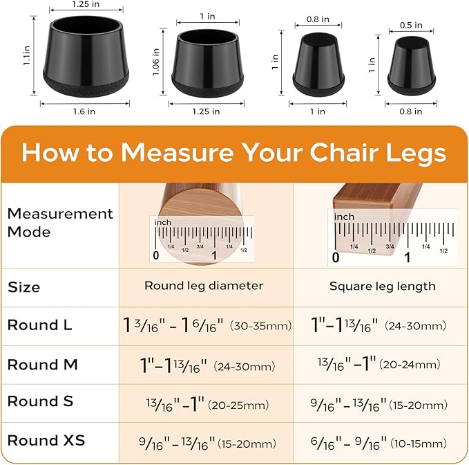 24 PCS Silicone & Felt Chair Leg Floor Protectors for Hardwood Floors - Furniture Pads, Chair Leg Covers/Cups - No Noise & Scratch-Proof - Round L (Fits 1 3/16"-1 6/16" / 30-35mm), Black