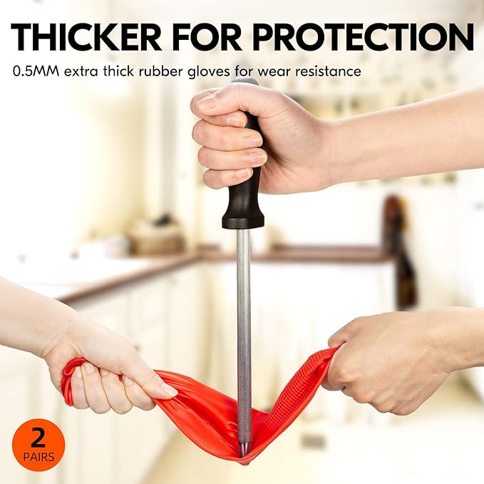 Vgo 2-Pairs Dishwashing Gloves - Reusable Household Kitchen Gloves, Long Sleeve, Thick Latex, Cleaning, Washing, Working, Painting, Gardening, Pet Care (Size M, Red, RB2143)