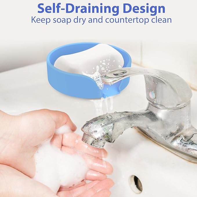 Self Draining Soap Dish, Silicone Suction Cup Soap Holder Tray Savers Container Sponge Holder for Bar Bathroom Shower Kitchen Sink, Can Extend Soap Life (1, Sky)