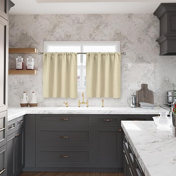 BGment Beige Blackout Curtains for Bedroom Kitchen 45 Inches Long - Short Thermal Insulated Drapes with Rod Pocket Privacy for Bathroom Small Window, 34 x 45 Inch, 2 Panels