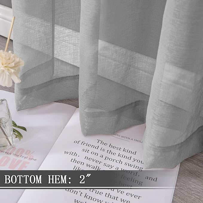 Tollpiz Sheer Curtains Linen Textured Living Room Curtain Sheers Light Filtering Rod Pocket Voile Curtains for Bedroom, 42 x 63 inches Long, Silver Grey, Set of 2 Panels