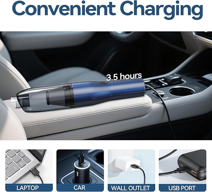 H2 Handheld Vacuum Car Vacuum, Mini Cordless Vacuum Cleaner with High-Speed Brush Motor Visual Dust Storage Silo Type-C Charge for Car Interiors, Sofas, Tabletops, Keyboards-Blue Gray