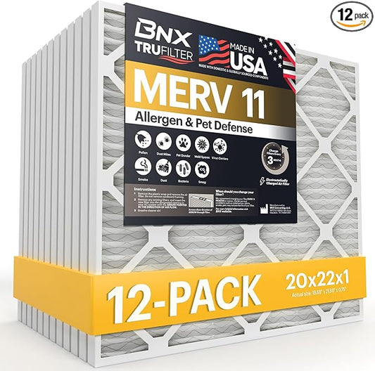 BNX TruFilter 20x22x1 Air Filter MERV 11 (12-Pack)- MADE IN USA - Allergen Defense Electrostatic Pleated Air Conditioner HVAC AC Furnace Filters for Allergies, Dust, Pet, Smoke, Allergy MPR 1200 FPR 7