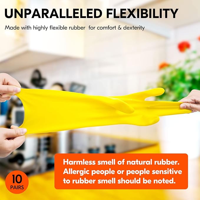 Vgo... 10-Pairs Reusable Household Gloves, Rubber Dishwashing gloves, Extra Thickness, Long Sleeves, Kitchen Cleaning, Working, Painting, Gardening, Pet Care (Size L, Yellow, HH4601)