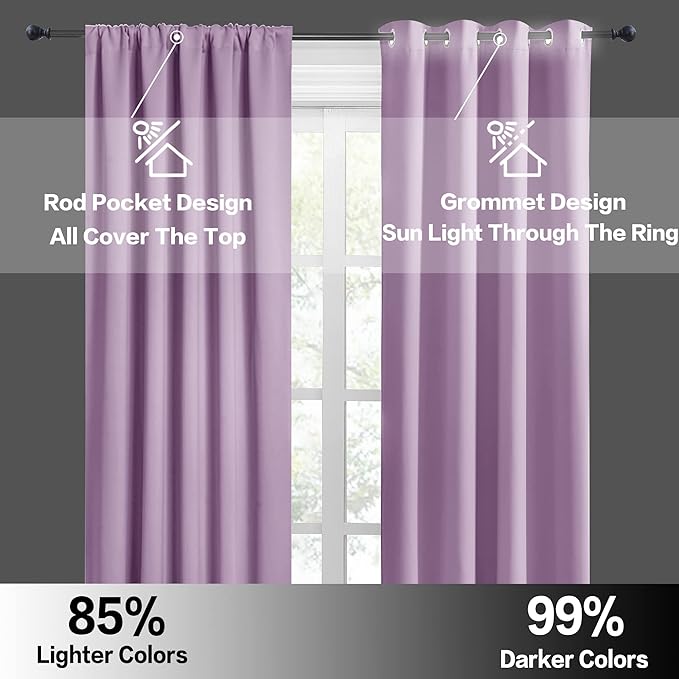 RYB HOME 70 inch Wide Curtains Blackout, Solid Durable Room Darkening Drapes for Bedroom Thermal Insulated Window Drapes for Living Room, W70 x L84 inch, 2 Panels, Lilac
