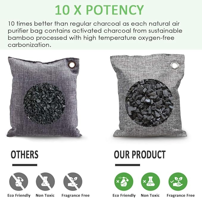 NIYIKOW Charcoal Bags Odor Absorber (Large, 4Pack x 200g), Nature Fresh Bamboo Charcoal Air Purifying Bags, Activated Charcoal Odor Absorber for Home, Car, Closet, Pets, Basement Odor Eliminator -Grey