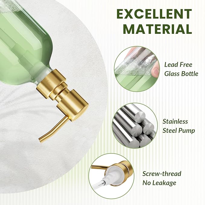 AmazerBath Soap Dispenser, 2 Pack Glass Soap Dispenser with Pump Stainless Steel, 17 Oz Clear Gold Hand Soap Dispensers for Bathroom and Kitchen