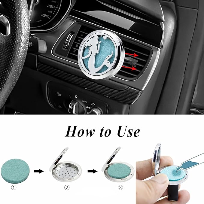 30mm Car Essential Oil Diffuser Vent Clip Air Freshener Vent Clips Aromatherapy with 10 Felt Pads Car Accessories Mother's Day for Women (Mermaid)