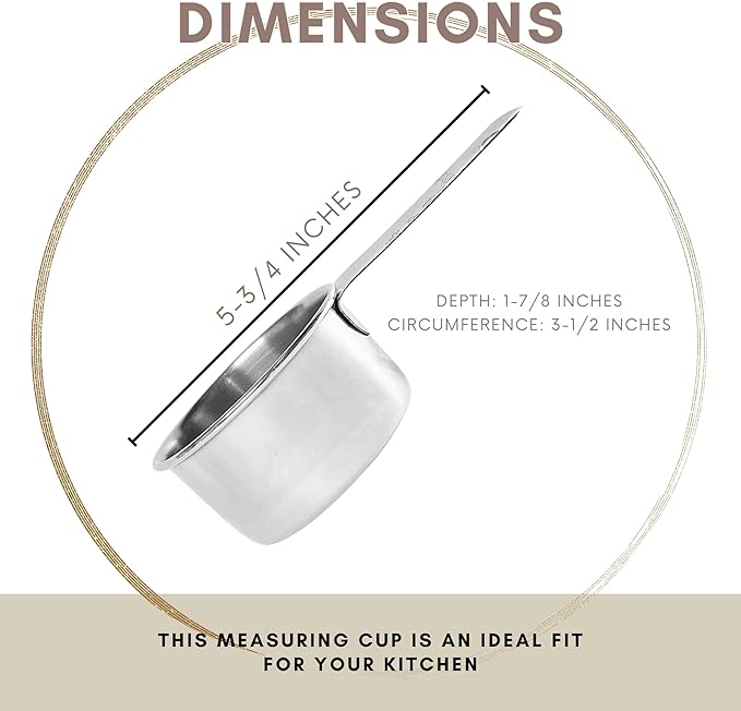 1 Cup Stainless Steel Measuring Cup | Sturdy Metal 250 ml | 240 cc | 8 oz | Single Cup for Wet and Dry Ingredients | Great for use as 1 Cup Dog Food Scoop - 12 PK