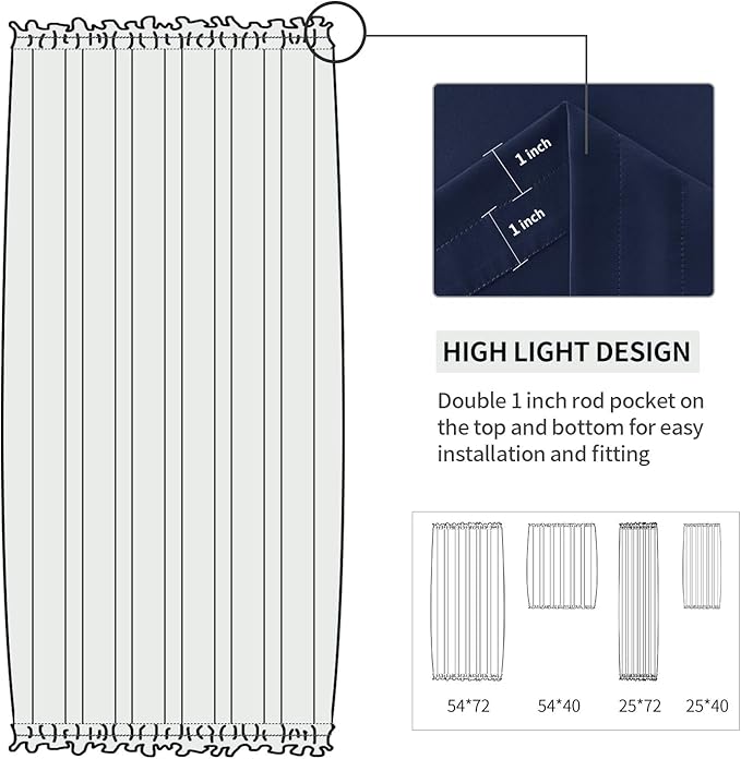 DWCN French Door Curtains – Rod Pocket Thermal Blackout Curtain for Doors with Glass Window, Kitchen and Patio Doors for Privacy, 54 X 40 Inch Length, 1 Curtain Panel with Tieback, Navy Blue