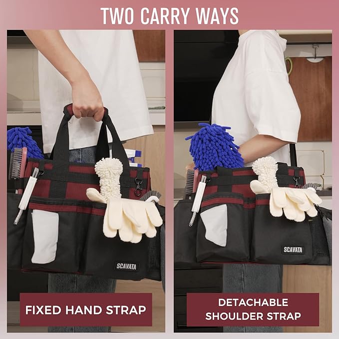 Compact Wearable Cleaning Caddy, Small Cleaning Caddy Supplies Organizer with Handle & Shoulder Straps for Housekeepers, Under Sink & Car Cleaning Tool Organizers Bag (AncoraRed)