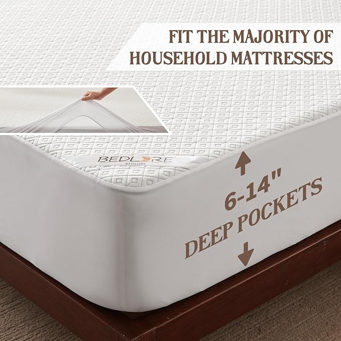 BEDLORE Waterproof Twin XL Mattress Protector, Noiseless Mattress Cover with Stretchable Pockets for 6-15 inches Mattress, Soft Breathable Mattress Pad College Dorm Size for Back to School (White)