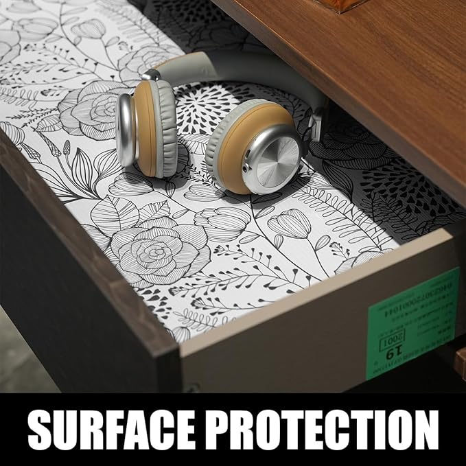 Floral Drawer and Shelf Liner for Kitchen 16IN x 10FT, Non-Adhesive and Strong Non-Slip Cabinet Drawer Liners, Waterproof Thickened Shelf Liner,Easy to Clean,Black and White
