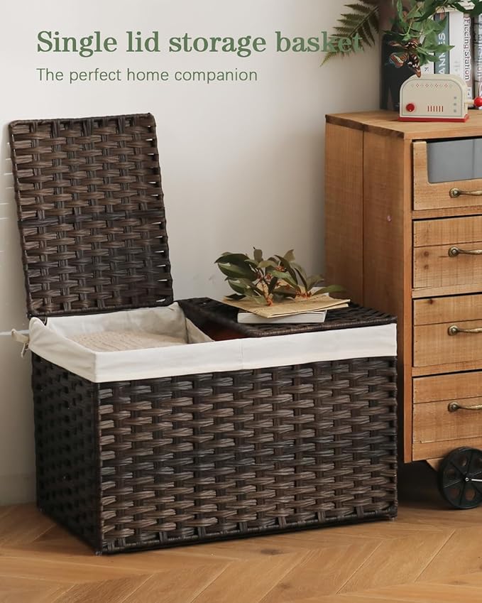 Storage Basket with Lid Rattan Woven Storage Baskets with 2 Separate Lids, 17.2 Gallon (65 L), 22 x 13 x 13.8 Inches,Foldable, 2 Removable Liner Bags Handles for Bedroom, Laundry Room Brown