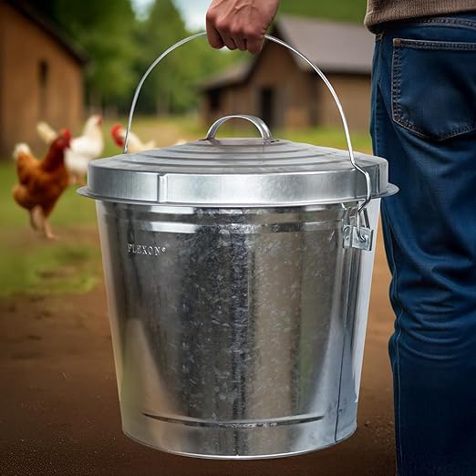 Plexon 10 Gallon Metal Trash Can with Locking Lid Galvanized Bucket with Lid for Poultry Feed Bird Seed Storage Ash Outdoor Garbage Trash Bin, 2 Pack
