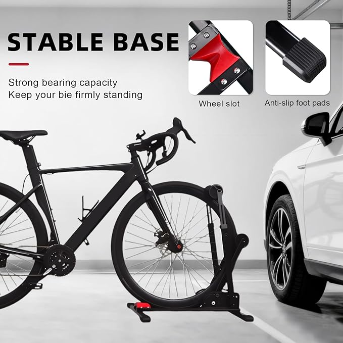 Heavy-Duty Floor Bike Stand, Freestanding Bicycle Storage Rack, Adjustable Dual Support Arms, No-Drill Installation for Garage, Black