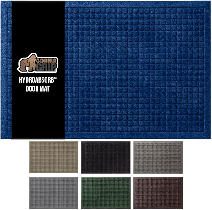 GORILLA GRIP Front Door Mat, 47x35, Indoor Outdoor Ultra Absorbent HydroAbsorb Doormat, Absorbs Up to 6 Cups of Water, Stain and Fade Resistant, Rubber Backing Doormats, Captures Dirt, Blue