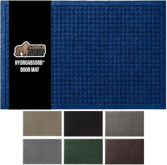 GORILLA GRIP Front Door Mat, 35x23, Indoor Outdoor Ultra Absorbent HydroAbsorb Doormat, Absorbs Up to 5.7 Cups of Water, Stain and Fade Resistant, Rubber Backing Doormats, Captures Dirt, Blue