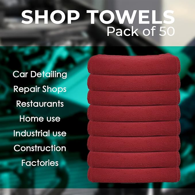 Avalon Towels Cotton Shop Rags – (Pack of 50) Size 12x14 Inches Cleaning Rags – Absorbent Shop Towels and Multipurpose Cleaning Towels for Automobiles, Industries, Garage and Homes (Red)