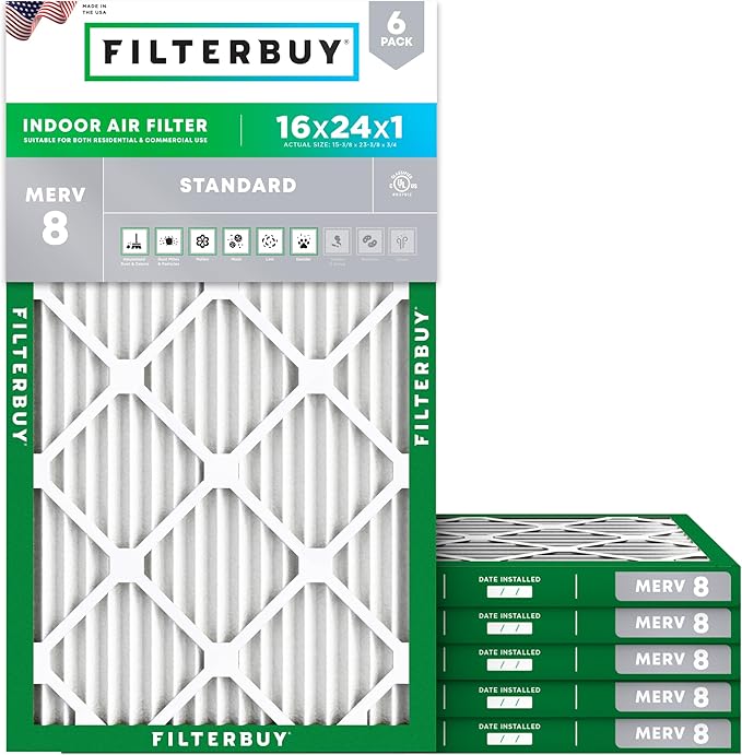 Filterbuy 16x24x1 Air Filter MERV 8 (MPR 700) Dust Defense Replacement (6-Pack), Electrostatic Pleated HVAC AC Furnace Filters, Made in USA (Actual Size: 15.38 x 23.38 x 0.75)