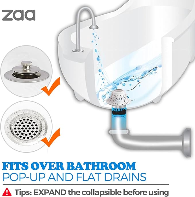 zaa Bathtub Drain Hair Catcher, Premium Silicone Collapsible 2 Pack Drain Protector for Pop-Up and Regular Drains of Shower, Bathtub, Tub, Bathroom, Sink, White