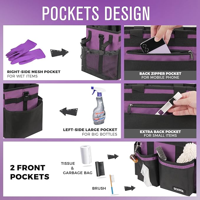 Compact Wearable Cleaning Caddy, Small Cleaning Caddy Supplies Organizer with Handle & Shoulder Straps for Housekeepers, Under Sink & Car Cleaning Tool Organizers Bag (RoyalPurple)