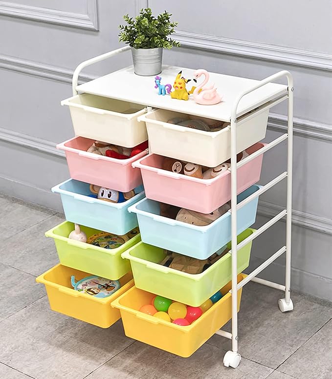 10 Drawers Rolling Storage Cart, Plastic Drawer Cart with Metal Frame, Multipurpose Art Craft Cart Organizer with Wheels, Utility Cart with Drawers for Home, Office, School, Multicolor