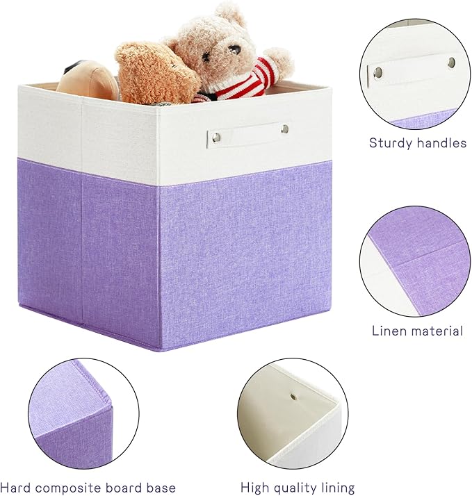 13 x 13 Inch Fine Linen Storage Bins with Handles，Fabric Cube Boxs，Collapsible Basket Organizers for Shelves for Home, Closet Drawers (White/Purple-4 Pack)