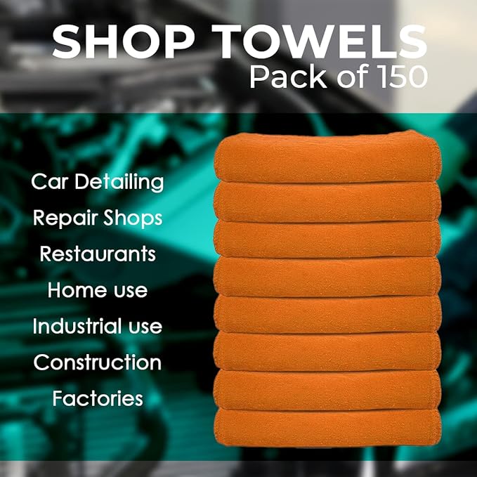 Avalon Towels Cotton Shop Rags – (Pack of 150) Size 12x14 Inches Cleaning Rags – Absorbent Shop Towels and Multipurpose Cleaning Towels for Automobiles, Industries, Garage and Homes (Orange)
