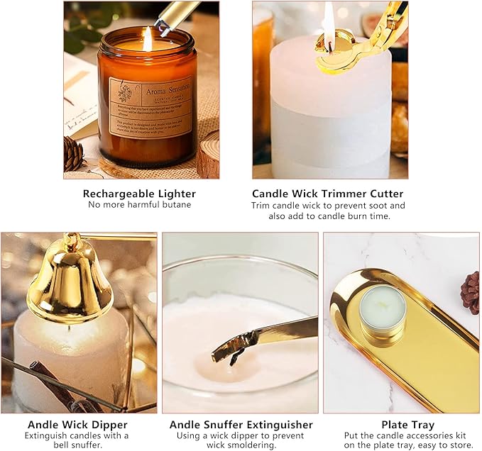 5Pcs Stainless Steel Candle Wick Trimmer Set, Candle Wick Trimmer, Candle Wick Dipper, Candle Wick Snuffer and Rechargeable Electric Candle Lighter for Candle Lovers(Gold)
