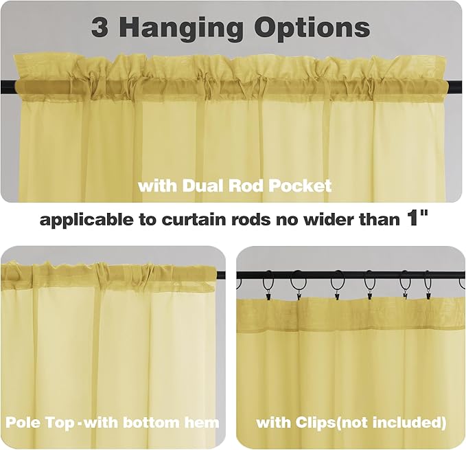 Chyhomenyc Sheer Valances for Windows 2 Pack, Small Valance for Living Room Bathroom Cafe Laundry Basement, Lightweight Rod Pocket Voile Curtain, Mustard Yellow, 42Wx14L Inches