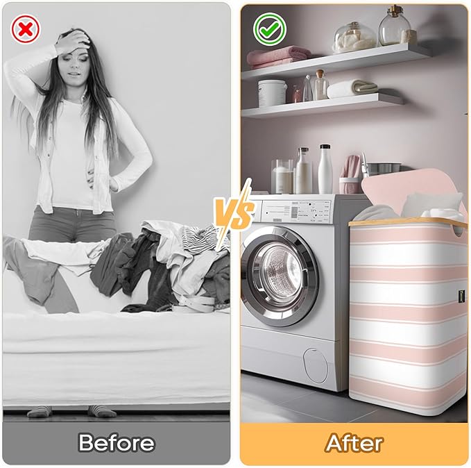 BALEINE Laundry Hamper with Lid, Tall Laundry Baskets with Bamboo Pull Handles, Large Laundry Bin with Internal Support (26 Gal/100L, Pink Stripe)