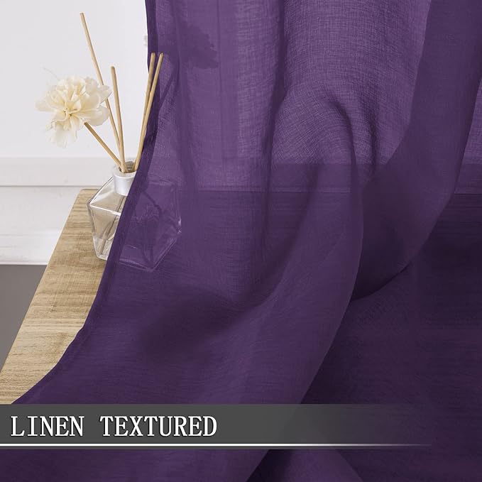 Tollpiz Sheer Curtain Linen Textured Bedroom Curtains Sheer Light Filtering Rod Pocket Voile Curtain for Living Room, 54 x 95 inches Long, Royal Purple, Set of 2 Panels