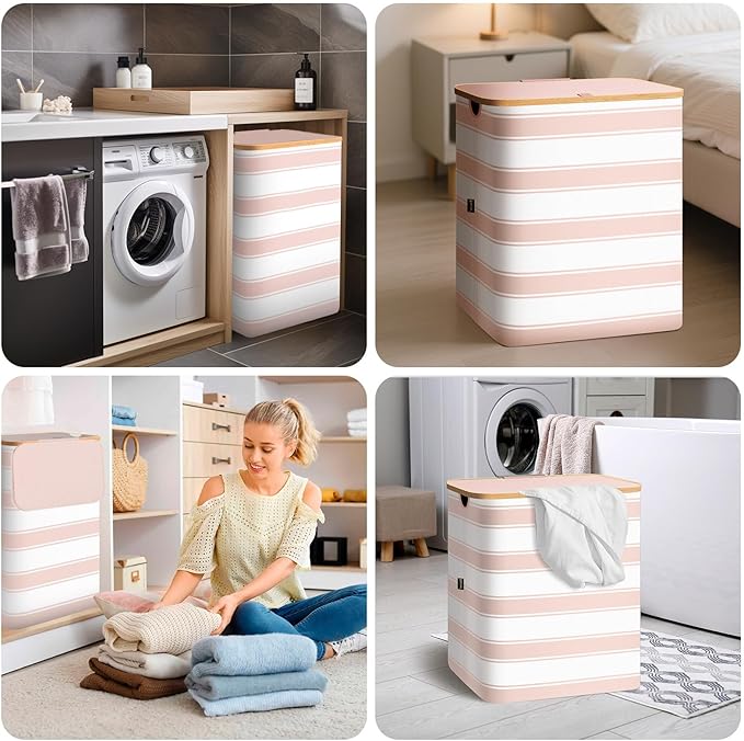 BALEINE Laundry Hamper with Lid, Tall Laundry Baskets with Bamboo Pull Handles, Large Laundry Bin with Internal Support (36 Gal/140L, Pink Stripe)