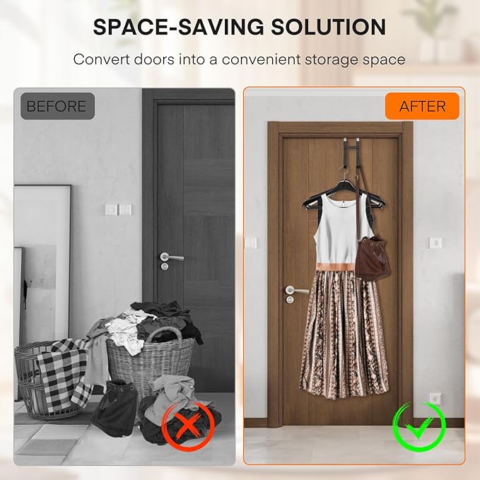 FYY Over The Door Hooks - 2 Pack Heavy Duty Dual-Hook Organizer Hanger with Non-Slip Rubber for Towels, Clothes, Hats & Bags Use in Bathroom, Bedroom, Kitchen - Fits Interior Doors Up to 1 3/8" Black