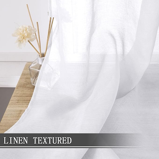 Tollpiz Sheer Curtain Linen Textured Living Room Curtains Sheer Light Filtering Rod Pocket Voile Curtain for Bedroom, 54 x 72 inches Long, White, Set of 2 Panels