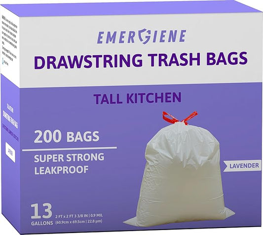 13 Gallon Drawstring Trash Bags, Lavender Scented 200 Count Tall Kichen Garbage Bags, Pre-Separated, Odor Control, Ultra Strong, Leakproof, Sturdy, White